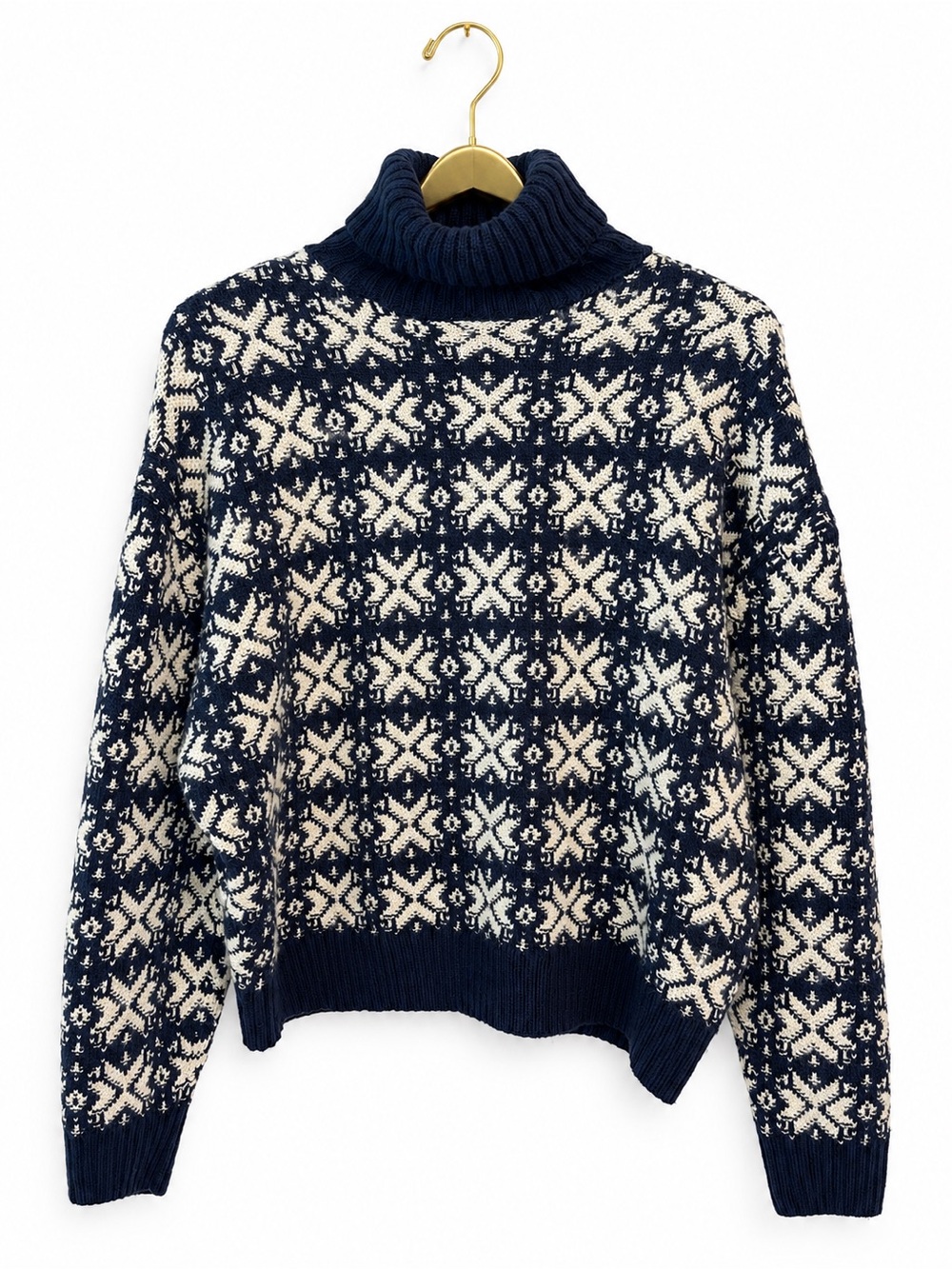 Zara Sweater M Navy Ivory Geometric Turtleneck Knit Wool Blend Ribbed Trim